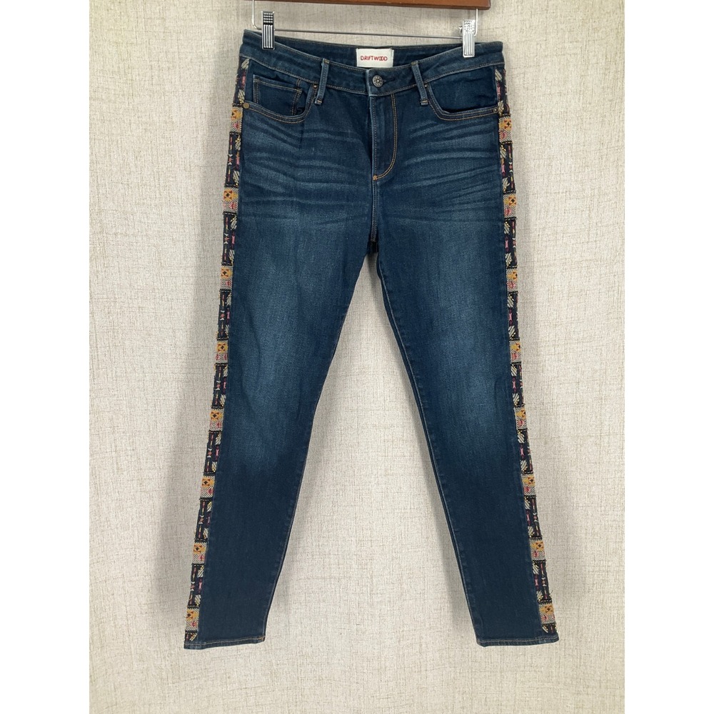 Driftwood Skinny Jeans Womens 28 Blue Cotton Boho Embroidered Beaded Side Stripe